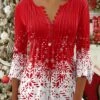 Women's Shirt Christmas Shirt Black Light Green Red Snowflake Button Print 3/4 Length Sleeve Christmas Weekend Streetwear Casual Print Round Neck Regular Fit -Cheap Women Clothing Store gntbap1664784860799