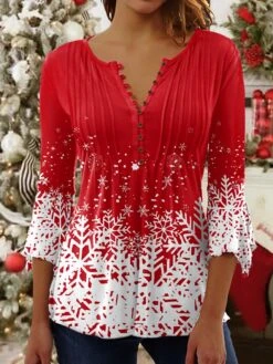 Women's Shirt Christmas Shirt Black Light Green Red Snowflake Button Print 3/4 Length Sleeve Christmas Weekend Streetwear Casual Print Round Neck Regular Fit