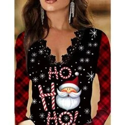 Women's Shirt Blouse Black Santa Claus Lace Trims Print Long Sleeve Christmas Casual Basic V Neck Regular Fit 7 Women's Shirt Blouse Black Santa Claus Lace Trims Print Long Sleeve Christmas Casual Basic V Neck Regular Fit -Cheap Women Clothing Store gogudb1667805846340