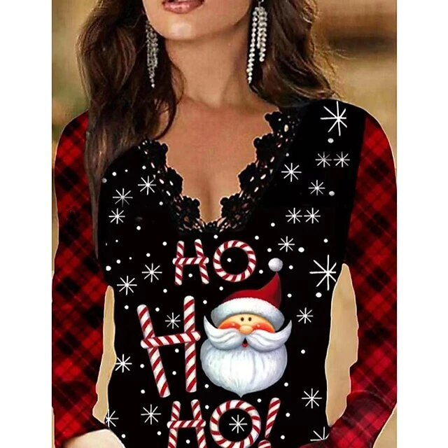 Women's Shirt Blouse Black Santa Claus Lace Trims Print Long Sleeve Christmas Casual Basic V Neck Regular Fit 5 Women's Shirt Blouse Black Santa Claus Lace Trims Print Long Sleeve Christmas Casual Basic V Neck Regular Fit - Image 3