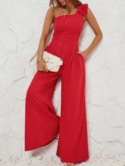 Cheap Women Clothing Store 17 Women's Jumpsuit Ruffle Patchwork Solid Color One Shoulder Streetwear Christmas Party Street Xmas Wide Leg Slim Sleeveless Red S M L Fall