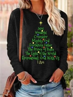 Women's T Shirt Tee Christmas Shirt Black Christmas Tree Text Print Long Sleeve Christmas Weekend Basic Christmas Round Neck Regular Fit Painting Fall & Winter