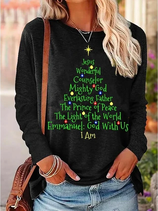 Women's T Shirt Tee Christmas Shirt Black Christmas Tree Text Print Long Sleeve Christmas Weekend Basic Christmas Round Neck Regular Fit Painting Fall & Winter 3 Women's T Shirt Tee Christmas Shirt Black Christmas Tree Text Print Long Sleeve Christmas Weekend Basic Christmas Round Neck Regular Fit Painting Fall & Winter