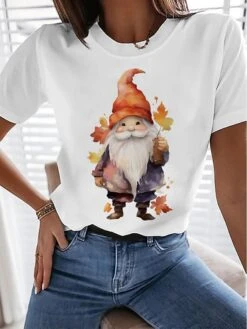 Women's T Shirt Tee Christmas Shirt White Red Blue Santa's Helper Print Short Sleeve Christmas Weekend Festival / Holiday Christmas Round Neck Regular Fit Painting Summer