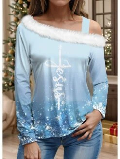 Women's Blouse Christmas Shirt Yellow Pink Blue Letter Snowflake Print Long Sleeve Party Christmas Casual Festival / Holiday Fur Collar Regular Fit Fall & Winter