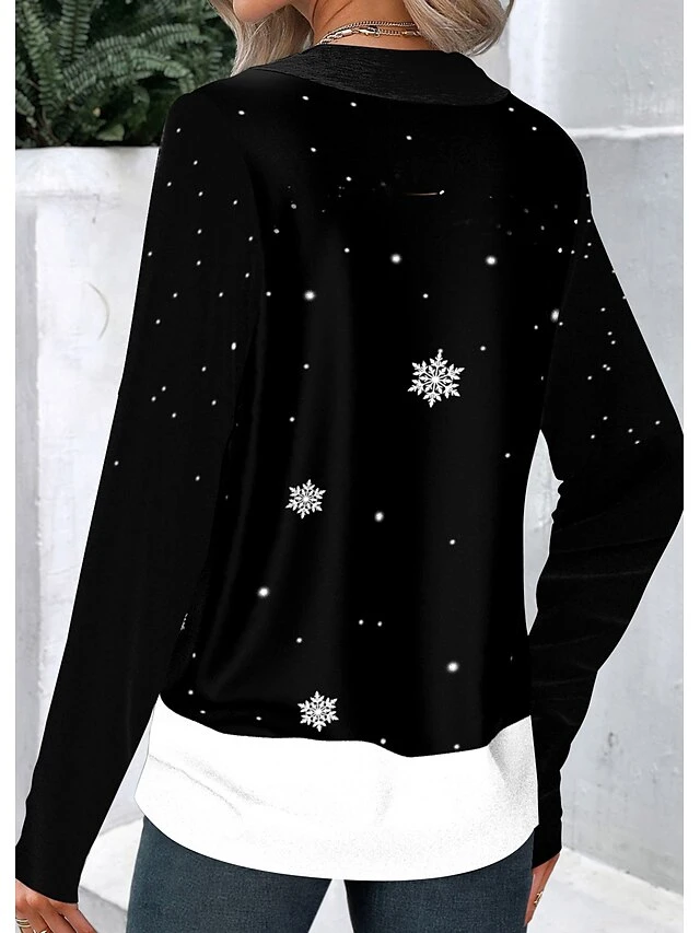 Women's T Shirt Tee Christmas Shirt Black Snowman Reindeer Button Print Long Sleeve Christmas Weekend Festival / Holiday V Neck Regular Fit Painting Spring &Fall 4 Women's T Shirt Tee Christmas Shirt Black Snowman Reindeer Button Print Long Sleeve Christmas Weekend Festival / Holiday V Neck Regular Fit Painting Spring &Fall - Image 2