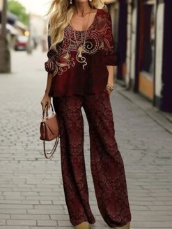 Women's Designer Shirt Pants Sets Red Blue Brown Graphic Print Long Sleeve Party Festival Christmas Round Neck Regular Fit Spring &Fall