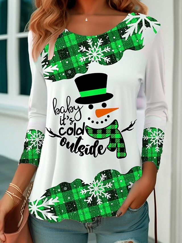 Women's T Shirt Tee Christmas Shirt Yellow Red Blue Snowman Print Long Sleeve Party Christmas Weekend Festival / Holiday Christmas Round Neck Regular Fit Painting Spring &Fall 7 Women's T Shirt Tee Christmas Shirt Yellow Red Blue Snowman Print Long Sleeve Party Christmas Weekend Festival / Holiday Christmas Round Neck Regular Fit Painting Spring &Fall - Image 5