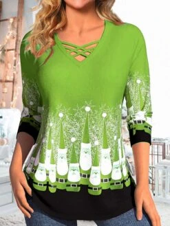 Women's T Shirt Tee Christmas Shirt Pink Red Blue Santa Claus Print Long Sleeve Christmas Weekend Festival / Holiday Christmas V Neck Regular Fit Painting Spring &Fall -Cheap Women Clothing Store grcyma1695121141015