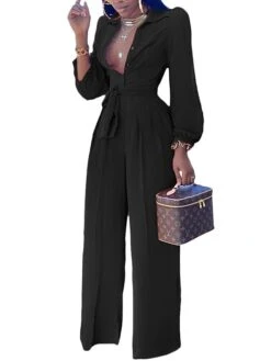 Jumpsuits For Women Summer Dressy Button High Waist Solid Color Shirt Collar Business Office Christmas Work Regular Fit Long Sleeve Black Fuchsia Orange S M L -Cheap Women Clothing Store grqdgf1681109233213