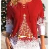 Women's T Shirt Tee Christmas Shirt Red Christmas Tree Snowflake Print Long Sleeve Party Christmas Weekend Festival / Holiday V Neck Regular Fit Painting Spring &Fall -Cheap Women Clothing Store gsawmn1695893639849