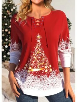 Women's T Shirt Tee Christmas Shirt Red Christmas Tree Snowflake Print Long Sleeve Party Christmas Weekend Festival / Holiday V Neck Regular Fit Painting Spring &Fall