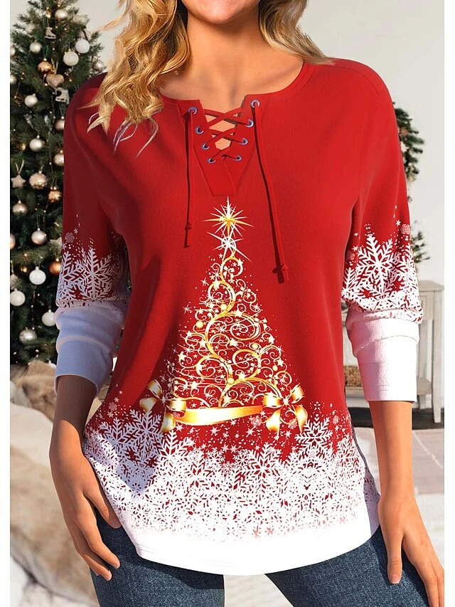 Women's T Shirt Tee Christmas Shirt Red Christmas Tree Snowflake Print Long Sleeve Party Christmas Weekend Festival / Holiday V Neck Regular Fit Painting Spring &Fall 3 Women's T Shirt Tee Christmas Shirt Red Christmas Tree Snowflake Print Long Sleeve Party Christmas Weekend Festival / Holiday V Neck Regular Fit Painting Spring &Fall