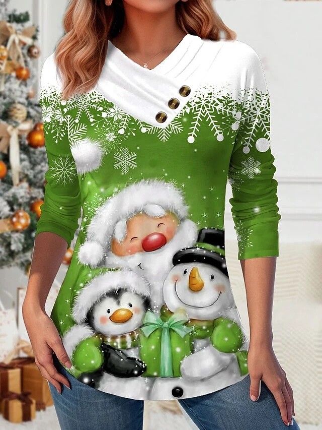 Women's Christmas Shirt Yellow Red Blue Snowman Button Print Long Sleeve Party Christmas Weekend Festival / Holiday V Neck Regular Fit Painting Spring &Fall 8 Women's Christmas Shirt Yellow Red Blue Snowman Button Print Long Sleeve Party Christmas Weekend Festival / Holiday V Neck Regular Fit Painting Spring &Fall - Image 6