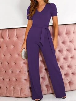 Women's Jumpsuit Lace Up Beaded Solid Color V Neck Elegant Office Christmas Xmas Regular Fit Short Sleeve Black Army Green Red S M L Fall -Cheap Women Clothing Store gsnjza1695347204825