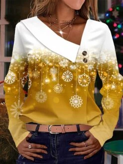 Women's Shirt Blouse Christmas Shirt Yellow Pink Red Snowflake Button Print Long Sleeve Christmas Casual Festival / Holiday Print V Neck Regular Fit Spring &Fall 10 Women's Shirt Blouse Christmas Shirt Yellow Pink Red Snowflake Button Print Long Sleeve Christmas Casual Festival / Holiday Print V Neck Regular Fit Spring &Fall -Cheap Women Clothing Store gsnqdx1695035879738