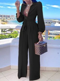 Jumpsuits For Women Summer Dressy Button High Waist Solid Color Shirt Collar Business Office Christmas Work Regular Fit Long Sleeve Black Fuchsia Orange S M L -Cheap Women Clothing Store gvxuvl1681109230700