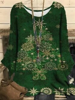 Women‘s Plus Size Christmas Tops Blouse Shirt Tree Sunflower Print Long Sleeve Crewneck Casual Daily Polyester Winter Fall Green Dark Green