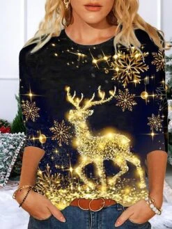 Women's T Shirt Tee Christmas Shirt Black-T1 Snowman Reindeer Santa's Helper Print Long Sleeve Christmas Weekend Basic Print Christmas Round Neck Regular Fit Painting