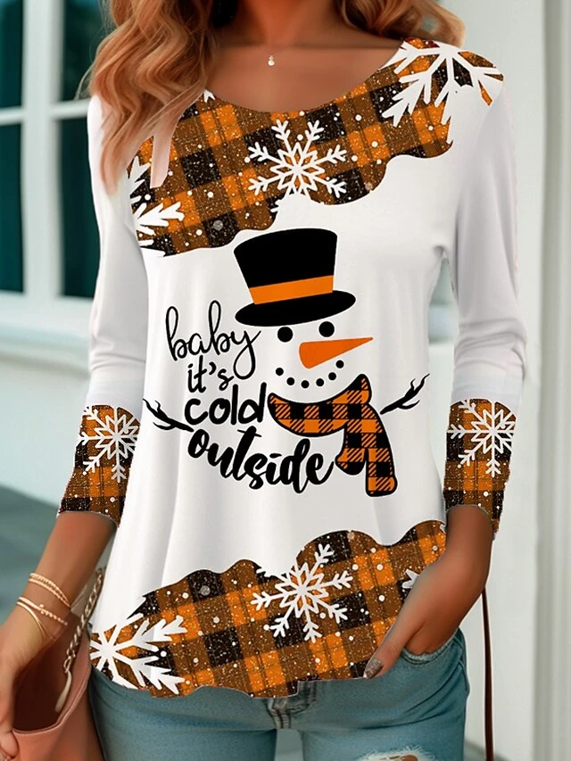 Women's T Shirt Tee Christmas Shirt Yellow Red Blue Snowman Print Long Sleeve Party Christmas Weekend Festival / Holiday Christmas Round Neck Regular Fit Painting Spring &Fall 5 Women's T Shirt Tee Christmas Shirt Yellow Red Blue Snowman Print Long Sleeve Party Christmas Weekend Festival / Holiday Christmas Round Neck Regular Fit Painting Spring &Fall - Image 3