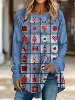 Women's T Shirt Tee Christmas Shirt Blue Purple Green Graphic Christmas Tree Print Long Sleeve Christmas Weekend Festival / Holiday Round Neck Regular Fit Painting Spring &Fall