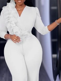 Women's Jumpsuit Ruffle High Waist Solid Color V Neck Christmas Business Office Work Xmas Regular Fit Long Sleeve White Yellow Red S M L Fall -Cheap Women Clothing Store gzbwlz1695792416668