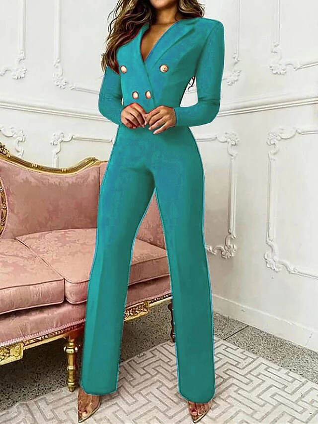 Women's Jumpsuit Button High Waist Solid Color Shirt Collar Elegant Office Xmas Christmas Regular Fit Long Sleeve Black Red Blue S M L Fall 4 Women's Jumpsuit Button High Waist Solid Color Shirt Collar Elegant Office Xmas Christmas Regular Fit Long Sleeve Black Red Blue S M L Fall - Image 2