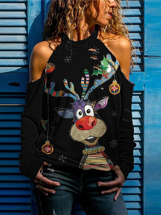 Women's T Shirt Tee Christmas Shirt Black Wine Peach Santa Claus Snowman Snowflake Patchwork Cut Out Cold Shoulder Long Sleeve Christmas Gift Christmas Round Neck Loose Fit Floral Cold Shoulder 11 Women's T Shirt Tee Christmas Shirt Black Wine Peach Santa Claus Snowman Snowflake Patchwork Cut Out Cold Shoulder Long Sleeve Christmas Gift Christmas Round Neck Loose Fit Floral Cold Shoulder - Image 9