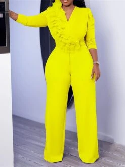 Women's Jumpsuit Ruffle High Waist Solid Color V Neck Christmas Business Office Work Xmas Regular Fit Long Sleeve White Yellow Red S M L Fall -Cheap Women Clothing Store haqjag1695792421752