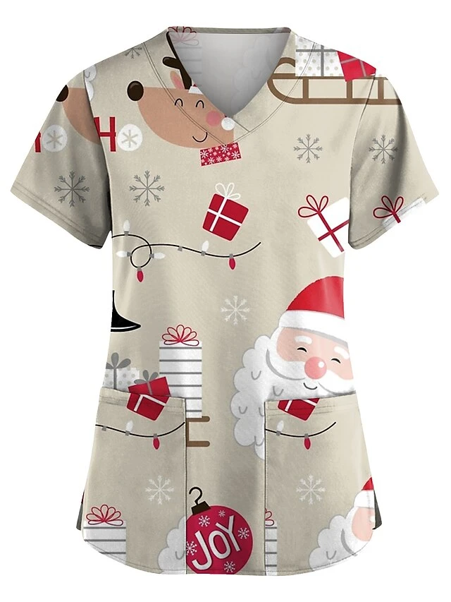 Christmas Scrub Tops Women Christmas Printing Short Sleeve V-Neck Working Uniform With Pocket Pullover Red 3X-Large 6 Christmas Scrub Tops Women Christmas Printing Short Sleeve V-Neck Working Uniform With Pocket Pullover Red 3X-Large - Image 4