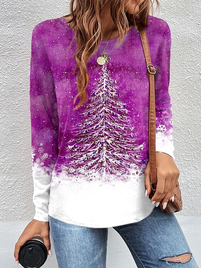 Women's T Shirt Tee Christmas Shirt Pink Blue Green Christmas Tree Print Long Sleeve Christmas Weekend Festival / Holiday Round Neck Regular Fit Painting Spring &Fall 5 Women's T Shirt Tee Christmas Shirt Pink Blue Green Christmas Tree Print Long Sleeve Christmas Weekend Festival / Holiday Round Neck Regular Fit Painting Spring &Fall - Image 3