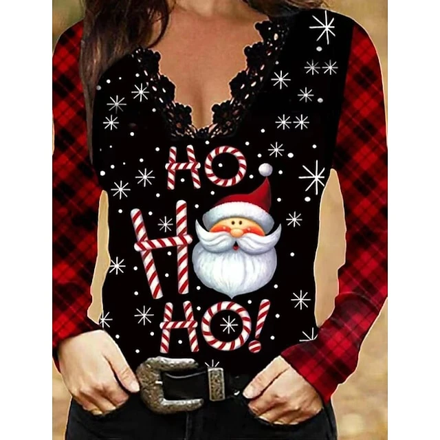 Women's Shirt Blouse Black Santa Claus Lace Trims Print Long Sleeve Christmas Casual Basic V Neck Regular Fit 4 Women's Shirt Blouse Black Santa Claus Lace Trims Print Long Sleeve Christmas Casual Basic V Neck Regular Fit - Image 2