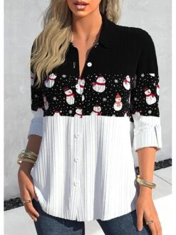 Women's Blouse Christmas Shirt Black Color Block Snowman Button Print Long Sleeve Christmas Casual Festival / Holiday Shirt Collar Regular Fit Spring &Fall -Cheap Women Clothing Store hbuxvr1697107179310