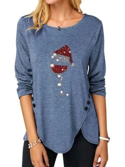 Women's T Shirt Tee Christmas Shirt Sky-blue Black Pink Graphic Print Long Sleeve Christmas Weekend Basic Christmas Round Neck Regular Fit Painting