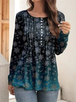 Women's Shirt Christmas Shirt Green Snowflake Button Flowing Tunic Print Long Sleeve Casual Festival / Holiday Round Neck Regular Fit Spring &Fall