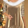 Women's T Shirt Tee Christmas Shirt Velvet Khaki Sparkly Sequins Long Sleeve Party Christmas Weekend Festival / Holiday Fur Collar V Neck Regular Fit Spring &Fall