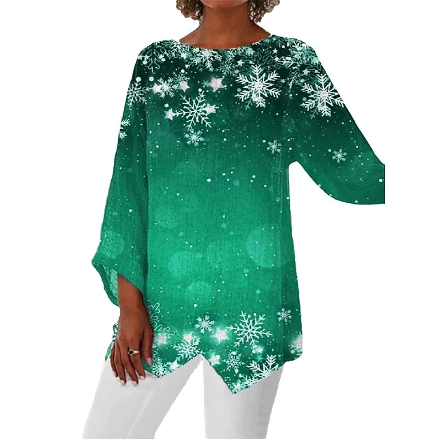 Women's Shirt Blouse Christmas Shirt Black Red Blue Floral Christmas Tree Snowflake Asymmetric Print Long Sleeve Christmas Streetwear Casual Round Neck Regular Fit 5 Women's Shirt Blouse Christmas Shirt Black Red Blue Floral Christmas Tree Snowflake Asymmetric Print Long Sleeve Christmas Streetwear Casual Round Neck Regular Fit - Image 3