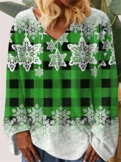 Women's T Shirt Tee Christmas Shirt Pink Red Blue Plaid Snowflake Print Long Sleeve Party Christmas Weekend Festival / Holiday V Neck Regular Fit Painting Spring &Fall -Cheap Women Clothing Store hdrond1696843559567