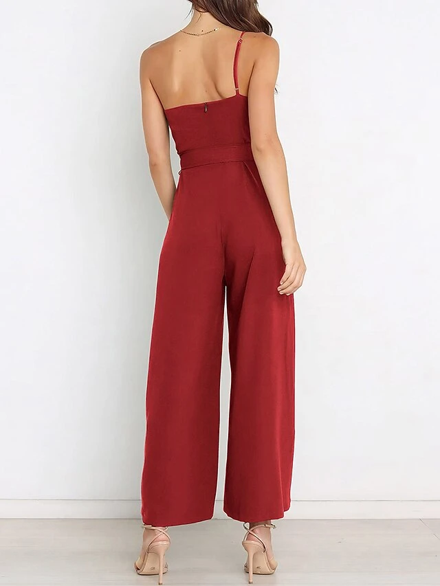 Women's Jumpsuit Pocket High Waist Solid Color One Shoulder Elegant Party Christmas Regular Fit Sleeveless Yellow Army Green Red S M L Fall 5 Women's Jumpsuit Pocket High Waist Solid Color One Shoulder Elegant Party Christmas Regular Fit Sleeveless Yellow Army Green Red S M L Fall - Image 3
