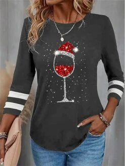 Women's T Shirt Tee Christmas Shirt Black Red Blue Wine Glass Rhinestone Print Long Sleeve Christmas Weekend Festival / Holiday Round Neck Regular Fit Painting Spring &Fall -Cheap Women Clothing Store hfmnqi1696843888652