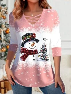 Women's T Shirt Tee Christmas Shirt Pink Snowman Print Long Sleeve Christmas Weekend Festival / Holiday V Neck Regular Fit Painting Spring &Fall