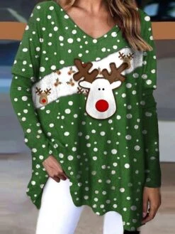 Women's T Shirt Tee Christmas Shirt Black Red Green Polka Dot Reindeer Print Long Sleeve Christmas Weekend Festival / Holiday V Neck Regular Fit Painting Spring &Fall -Cheap Women Clothing Store hhielb1696931083910