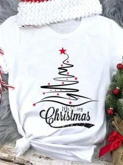 Women's T Shirt Tee Christmas Shirt Black White Yellow Christmas Tree Text Snowflake Print Short Sleeve Christmas Gift Casual Basic Christmas Round Neck Regular Fit Painting