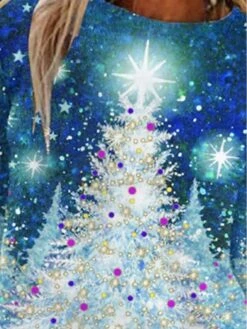 Women's T Shirt Tee Christmas Shirt Wine Red Blue Christmas Tree Snowflake Print Long Sleeve Christmas Weekend Basic Christmas Round Neck Regular Fit Painting -Cheap Women Clothing Store hijqyd1665657310898