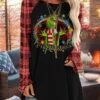 Women's T Shirt Tee Christmas Shirt Black Red Dark Gray Graphic Plaid Grinch Print Long Sleeve Christmas Weekend Basic Christmas Round Neck Regular Fit Painting Fall & Winter