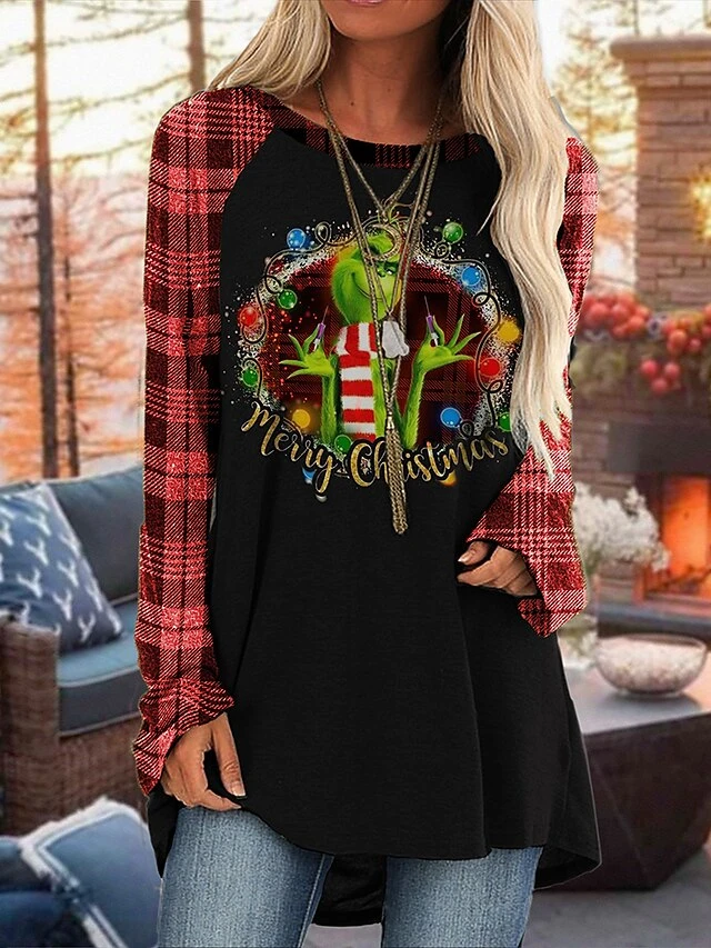 Women's T Shirt Tee Christmas Shirt Black Red Dark Gray Graphic Plaid Grinch Print Long Sleeve Christmas Weekend Basic Christmas Round Neck Regular Fit Painting Fall & Winter 3 Women's T Shirt Tee Christmas Shirt Black Red Dark Gray Graphic Plaid Grinch Print Long Sleeve Christmas Weekend Basic Christmas Round Neck Regular Fit Painting Fall & Winter