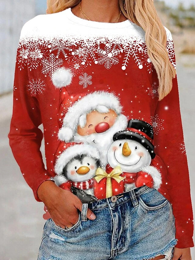 Women's T Shirt Tee Green Blue Yellow Graphic Santa Claus Print Long Sleeve Christmas Weekend Basic Round Neck Regular Floral Painting S 7 Women's T Shirt Tee Green Blue Yellow Graphic Santa Claus Print Long Sleeve Christmas Weekend Basic Round Neck Regular Floral Painting S - Image 5