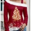 Women's Blouse Christmas Shirt White Wine Red Snowman Christmas Tree Print Long Sleeve Party Christmas Casual Festival / Holiday Fur Collar Regular Fit Spring &Fall -Cheap Women Clothing Store hmnzep1697016017570