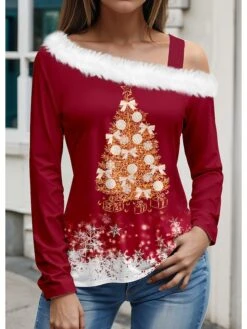 Women's Blouse Christmas Shirt White Wine Red Snowman Christmas Tree Print Long Sleeve Party Christmas Casual Festival / Holiday Fur Collar Regular Fit Spring &Fall