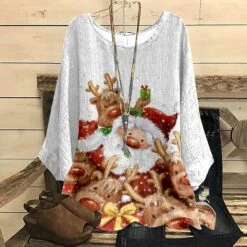 Women's Shirt Blouse Christmas Shirt Linen Black White Blue Snowman Deer Print Long Sleeve Christmas Streetwear Casual Round Neck Regular Fit Floral -Cheap Women Clothing Store hqgfic1663230419065